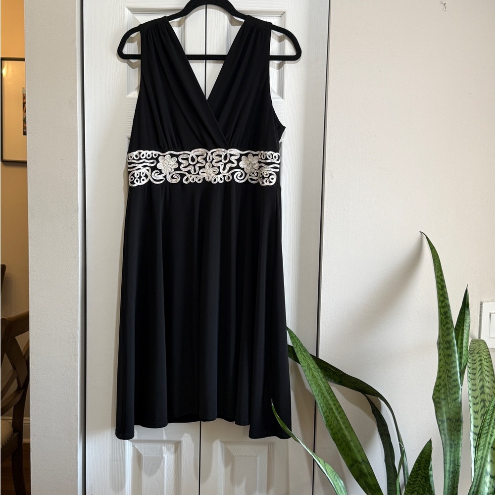 Ronni Nicole Black Midi Dress with Ivory Embellished Waistband